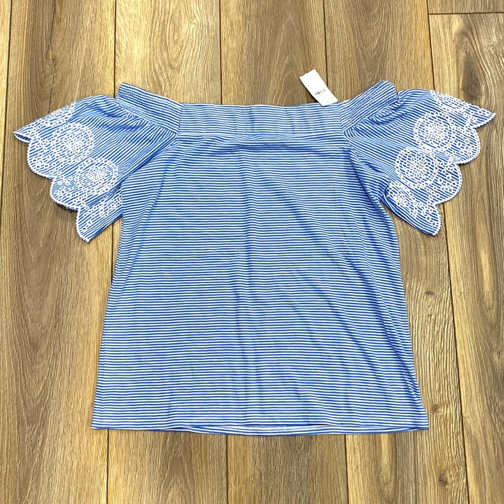 LOFT Blue White Stripe Off the Shoulder 100% Cotton Top Sz SMALL